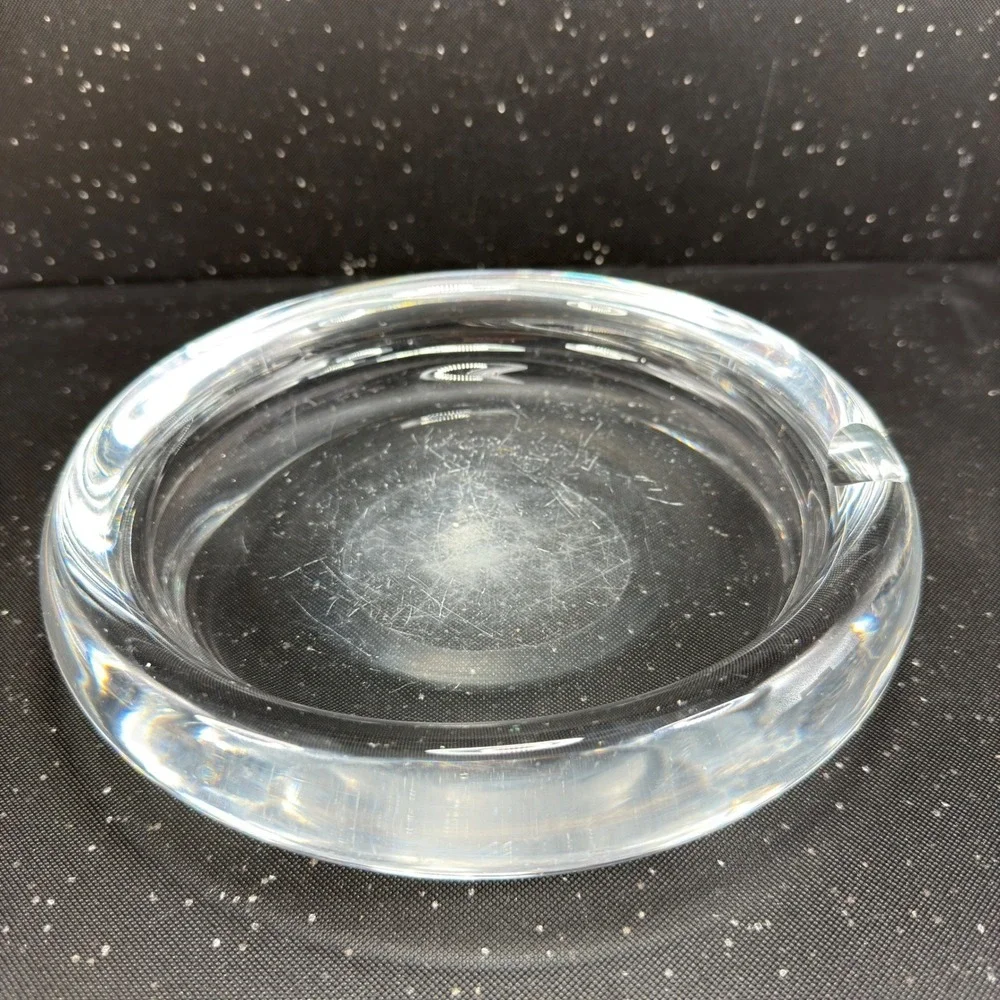 Vintage 1960s Sweden Art Glass Ashtray 8 Inch Heavy Clear Crystal MCM Round